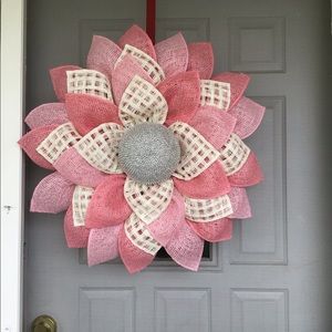 Pink & white with rhinestone center flower wreath